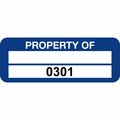 Lustre-Cal PROPERTY OF Label, Polyester Dark Blue 2in x 0.75in  1 Blank Pad & Serialized 0301-0400, 100PK 253744Pe2Bd0301